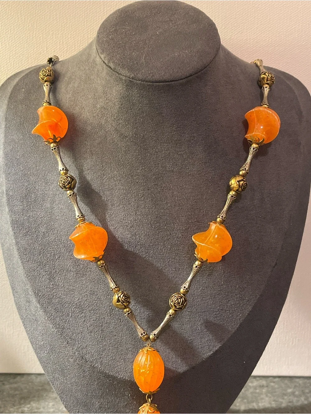 VTG‎ 1970s Orange Lucite & Brass Beaded Tassel Y Necklace Boho Statement Piece